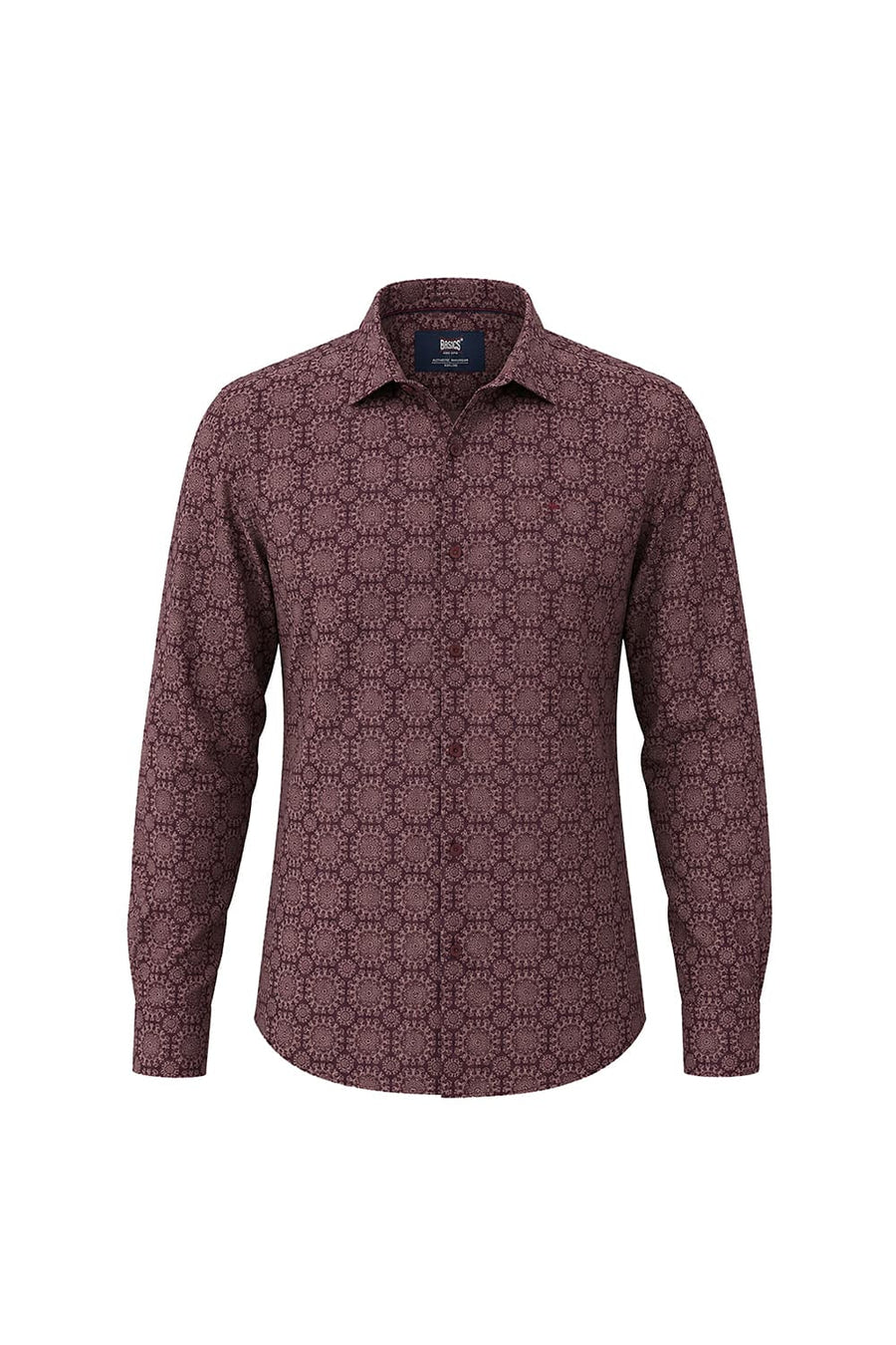 BASICS SLIM FIT PRUNE MAROON COTTON VISCOSE DIGITAL PRINTED SHIRT