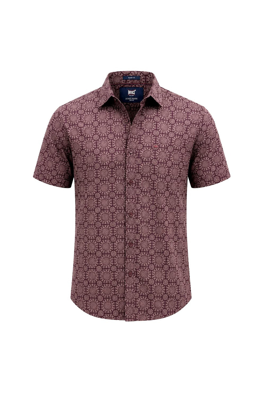 BASICS SLIM FIT PRUNE MAROON COTTON VISCOSE DIGITAL PRINTED HALFSLEEVES SHIRT