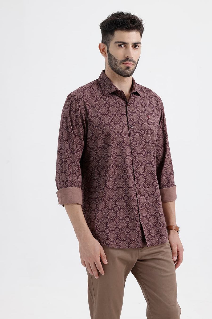 BASICS SLIM FIT PRUNE MAROON COTTON VISCOSE DIGITAL PRINTED SHIRT
