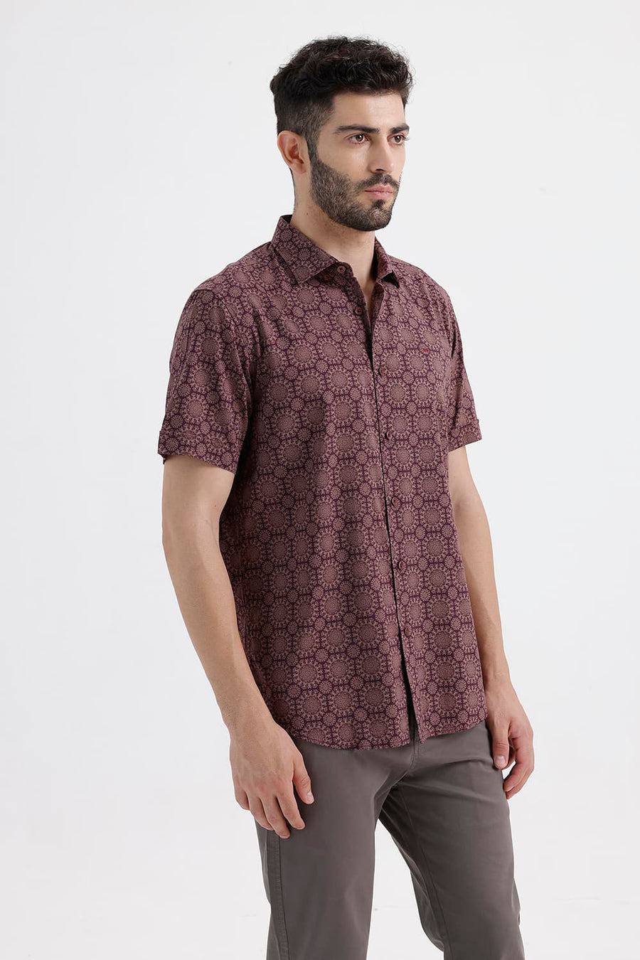 BASICS SLIM FIT PRUNE MAROON COTTON VISCOSE DIGITAL PRINTED HALFSLEEVES SHIRT