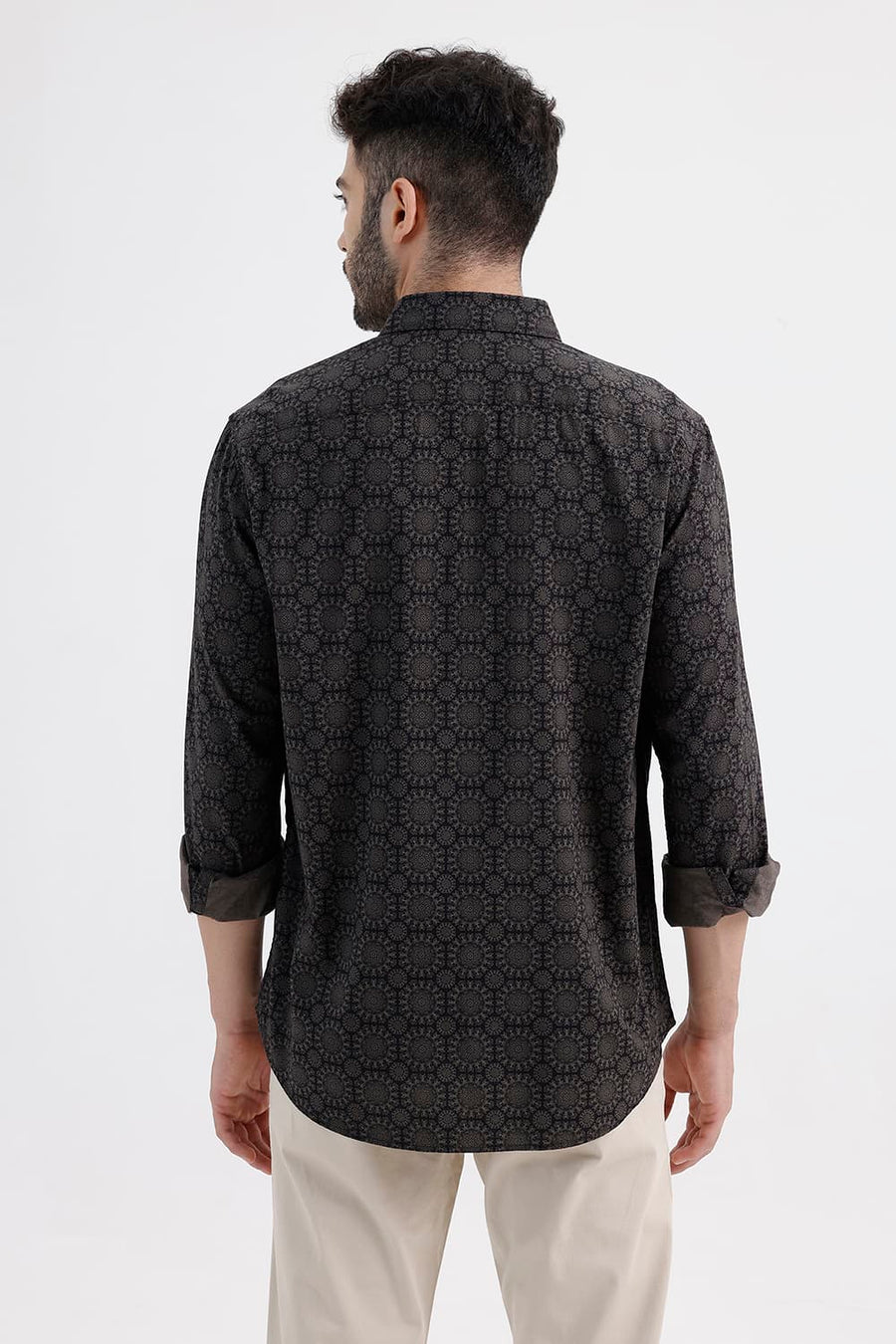 BASICS SLIM FIT JET BLACK COTTON VISCOSE DIGITAL PRINTED SHIRT