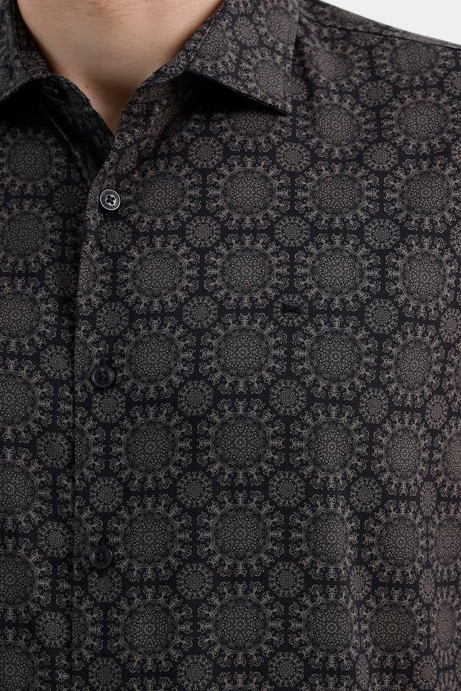 BASICS SLIM FIT JET BLACK COTTON VISCOSE DIGITAL PRINTED SHIRT
