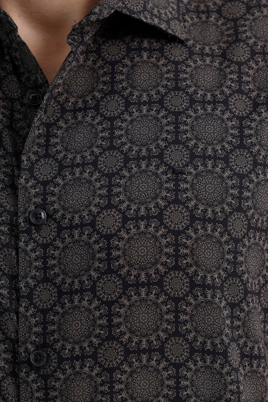 BASICS SLIM FIT JET BLACK COTTON VISCOSE DIGITAL PRINTED HALFSLEEVES SHIRT