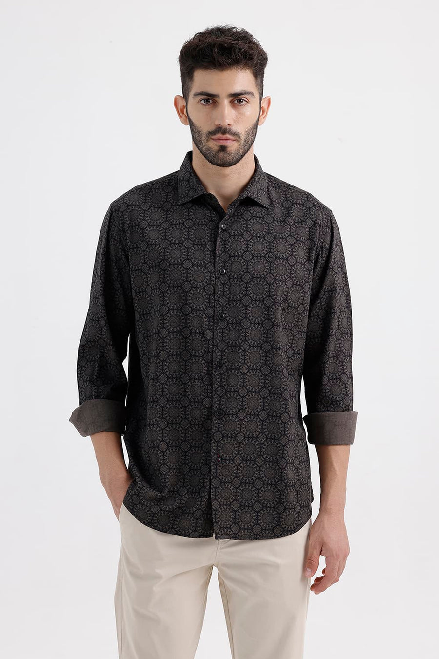 BASICS SLIM FIT JET BLACK COTTON VISCOSE DIGITAL PRINTED SHIRT