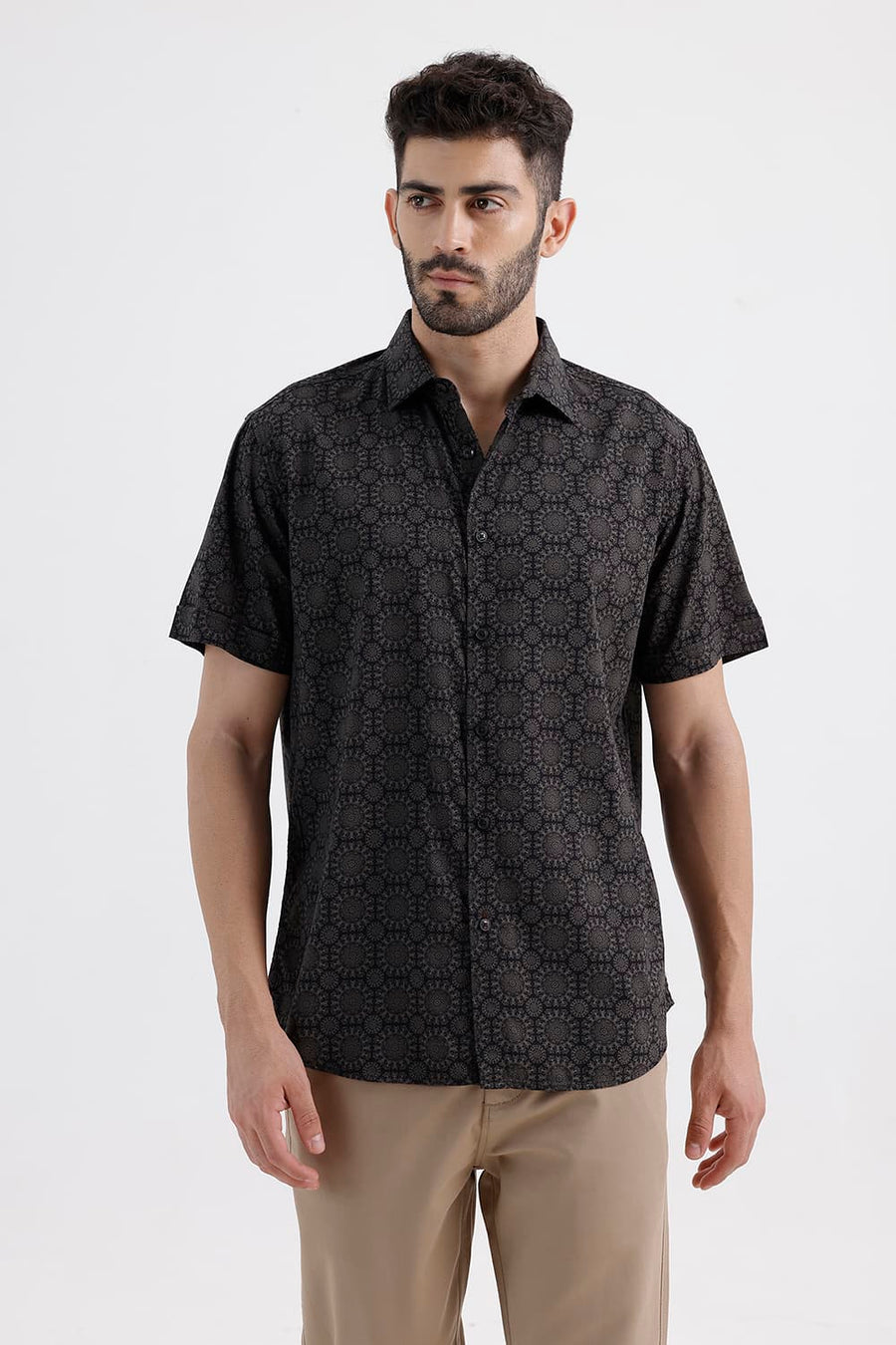 BASICS SLIM FIT JET BLACK COTTON VISCOSE DIGITAL PRINTED HALFSLEEVES SHIRT