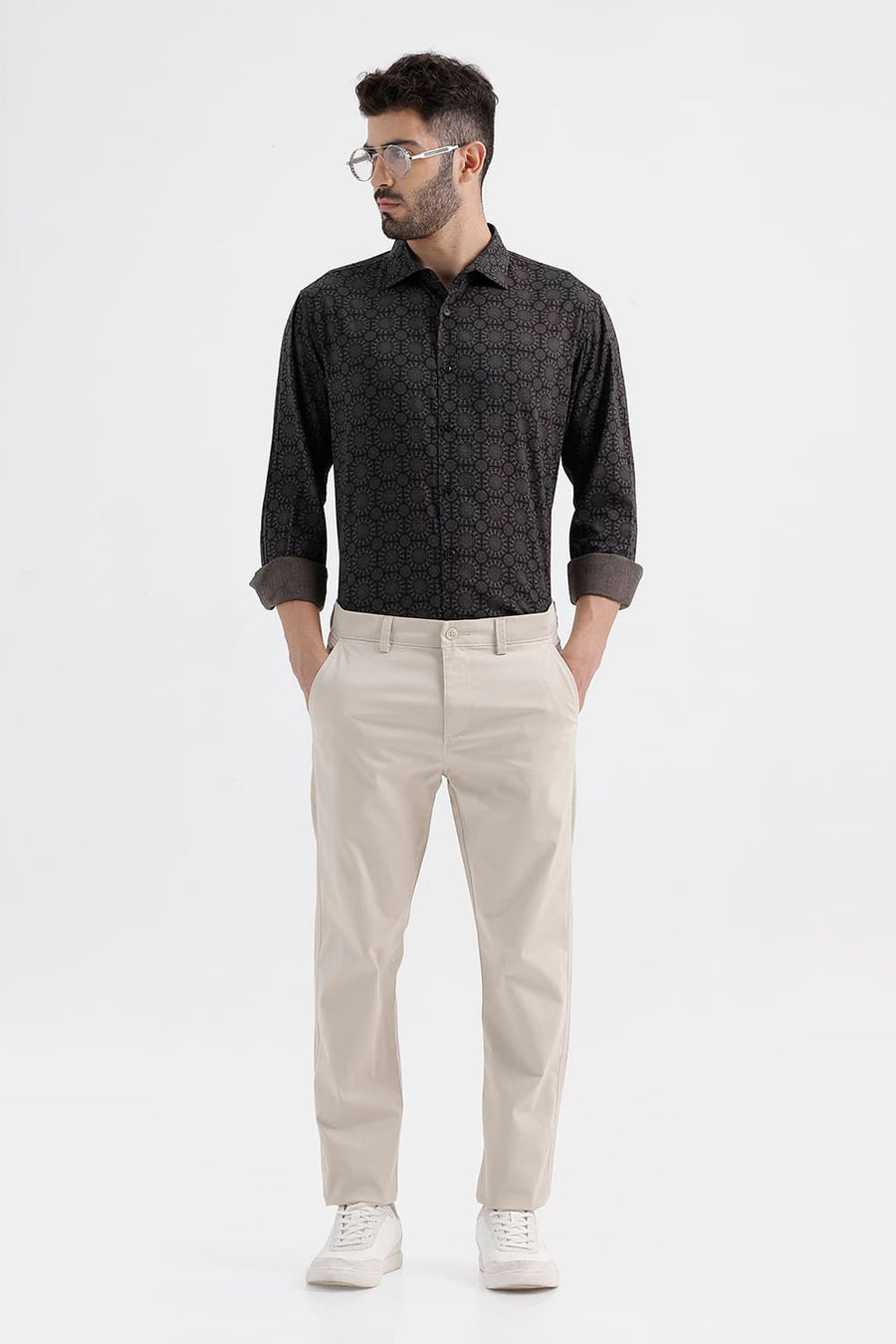BASICS SLIM FIT JET BLACK COTTON VISCOSE DIGITAL PRINTED SHIRT