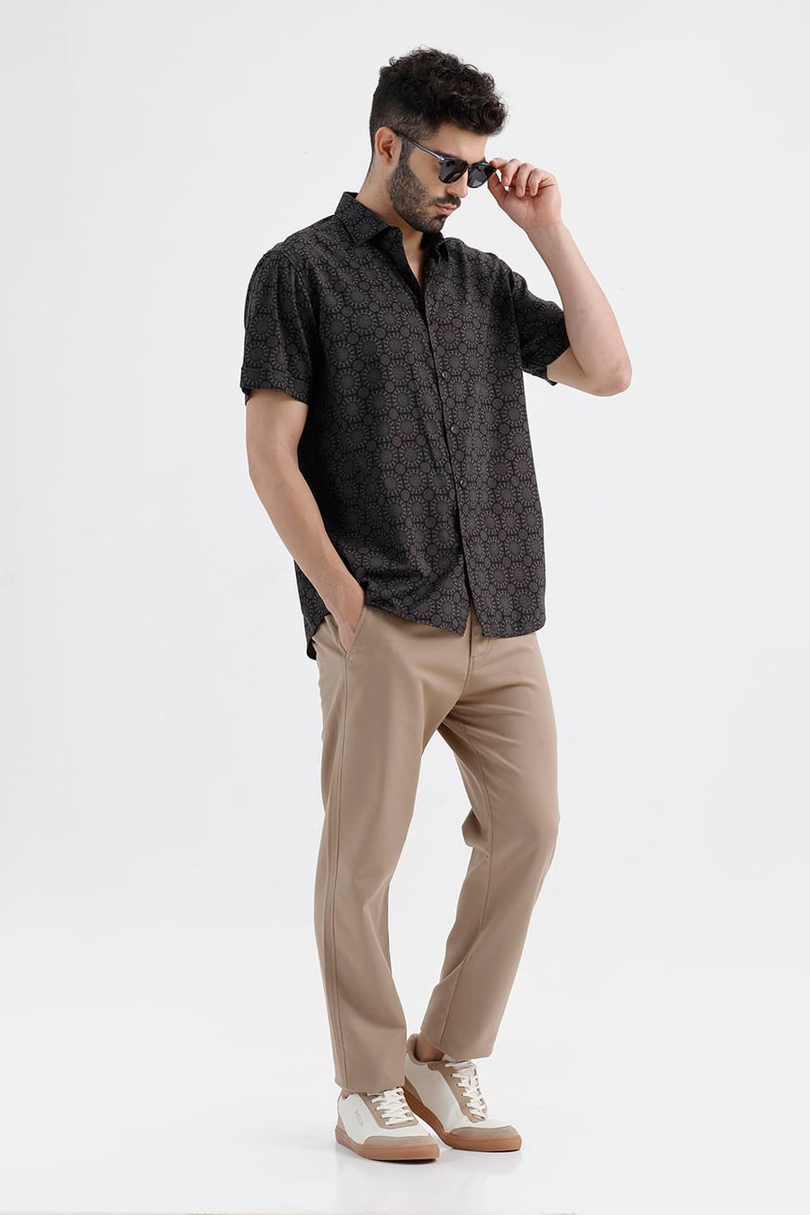 BASICS SLIM FIT JET BLACK COTTON VISCOSE DIGITAL PRINTED HALFSLEEVES SHIRT