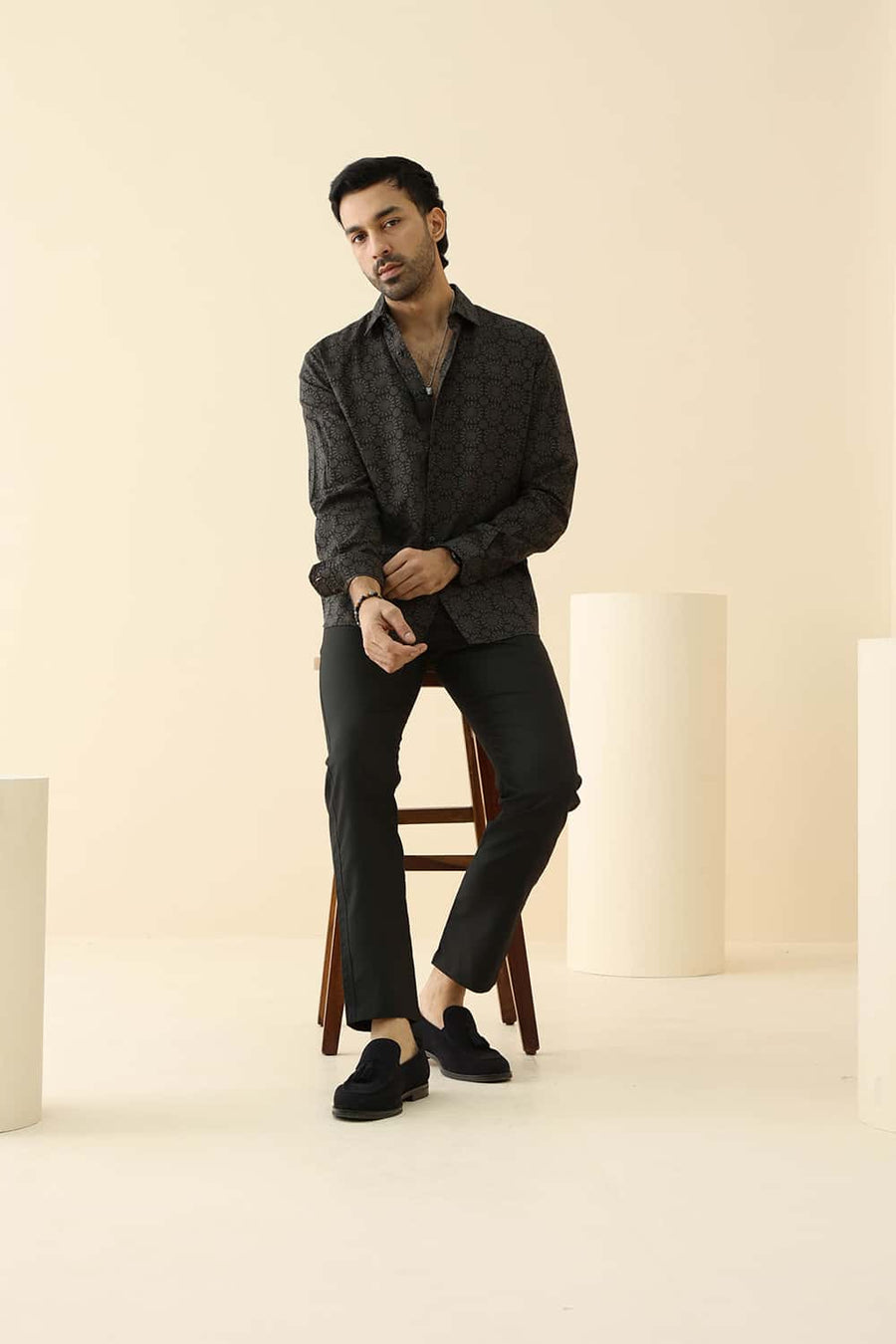 Basics Slim Fit Jet Black Cotton Viscose Digital Printed Shirt