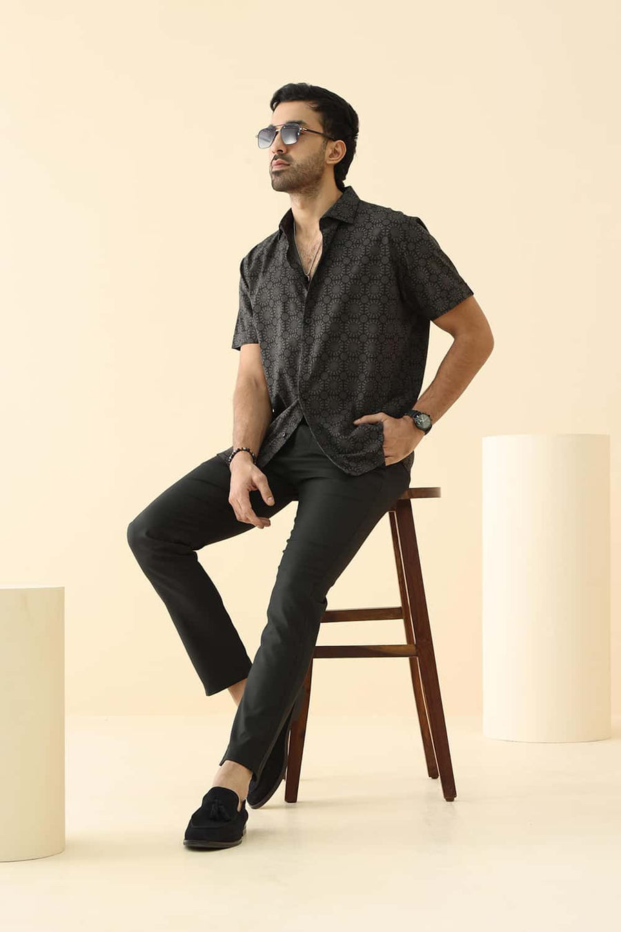 Basics Slim Fit Jet Black Cotton Viscose Digital Printed Halfsleeves Shirt