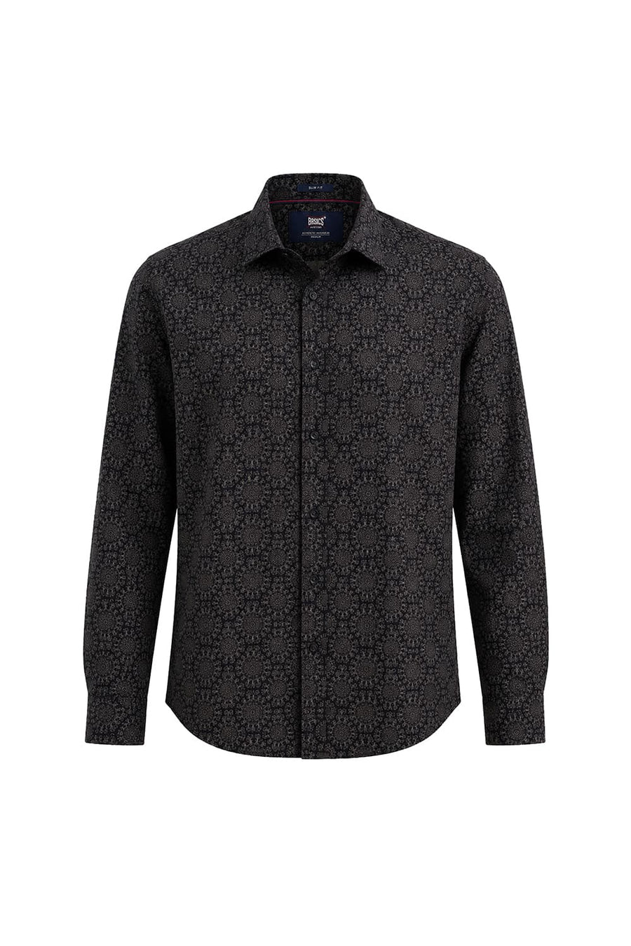 BASICS SLIM FIT JET BLACK COTTON VISCOSE DIGITAL PRINTED SHIRT
