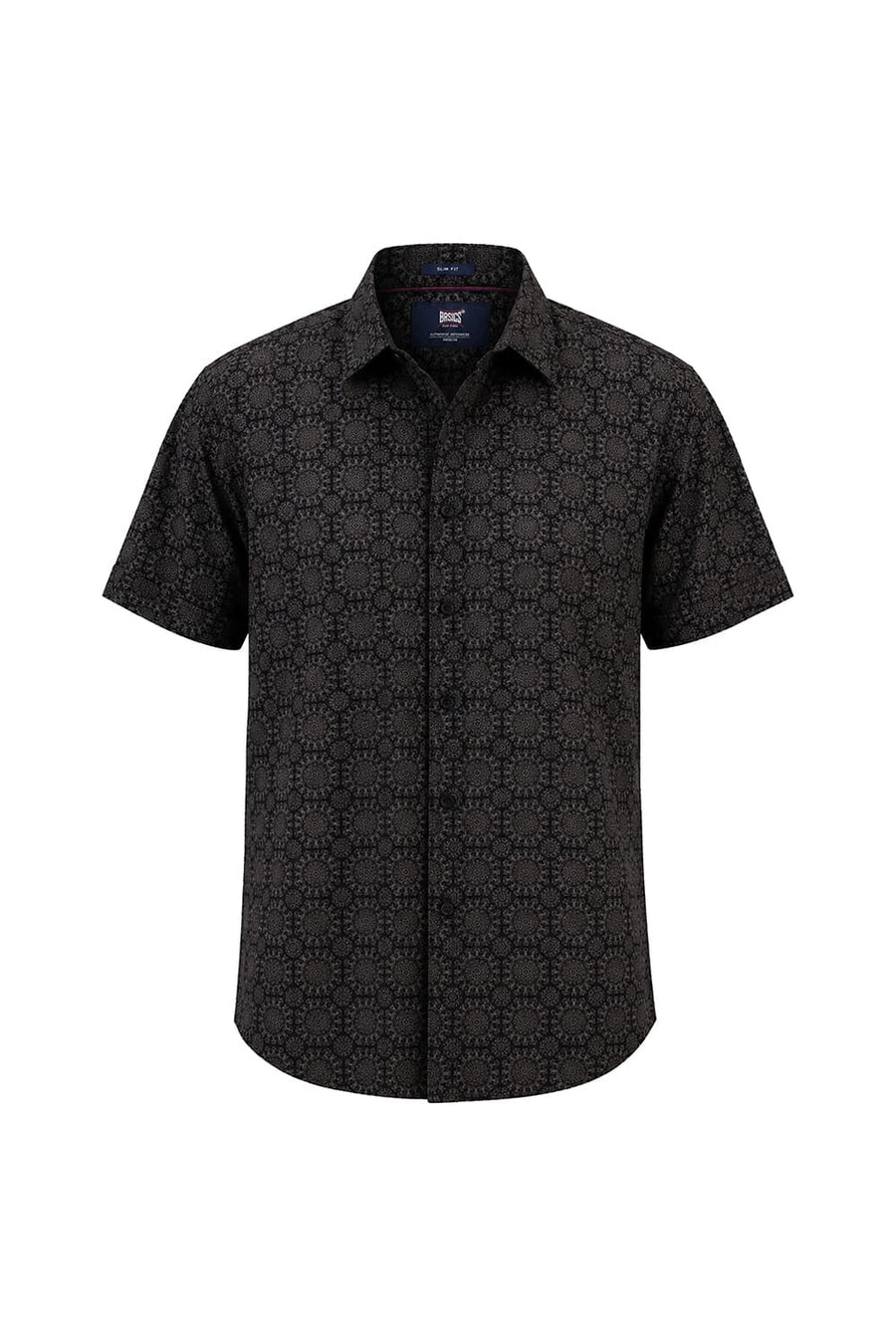 BASICS SLIM FIT JET BLACK COTTON VISCOSE DIGITAL PRINTED HALFSLEEVES SHIRT