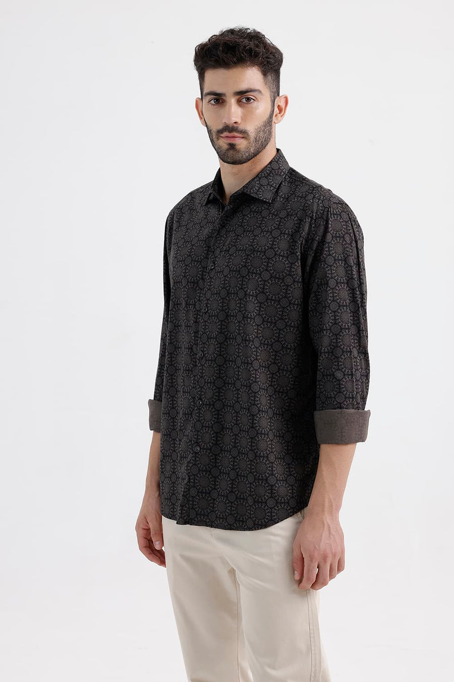 BASICS SLIM FIT JET BLACK COTTON VISCOSE DIGITAL PRINTED SHIRT