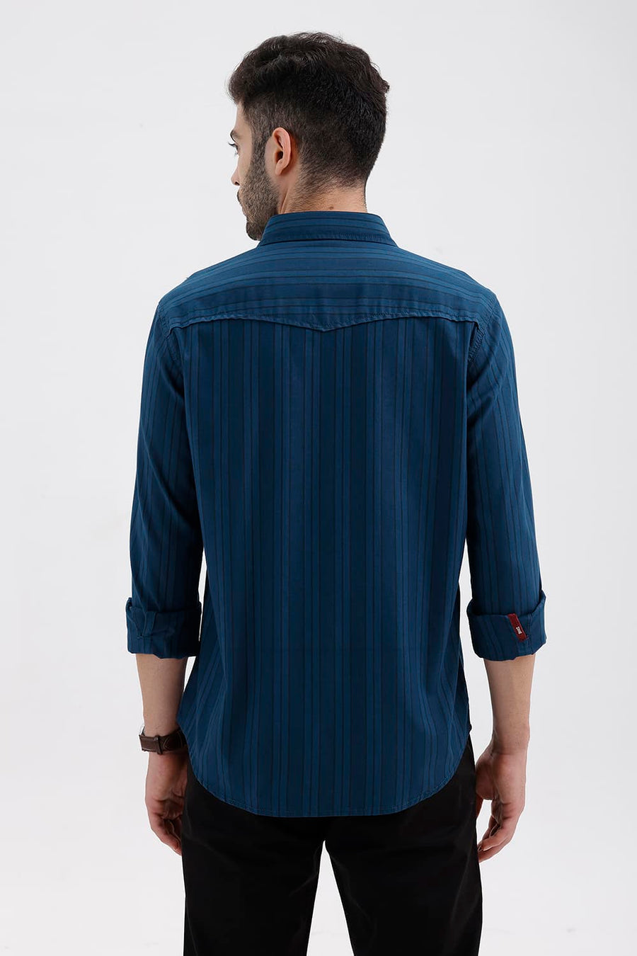BASICS SLIM FIT MOROCCAN BLUE COTTON HERRING BONE STRIPE SHIRT