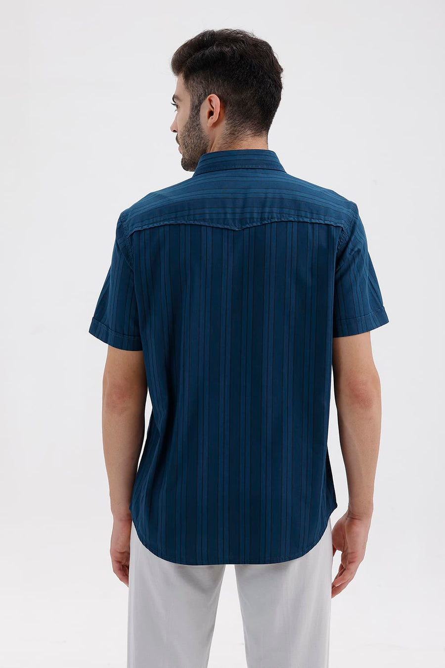 BASICS SLIM FIT MOROCCAN BLUE COTTON HERRING BONE STRIPE HALFSLEEVES SHIRT