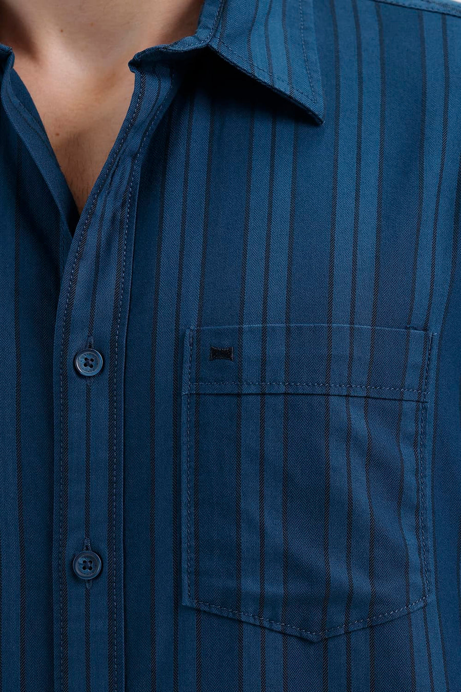 BASICS SLIM FIT MOROCCAN BLUE COTTON HERRING BONE STRIPE SHIRT