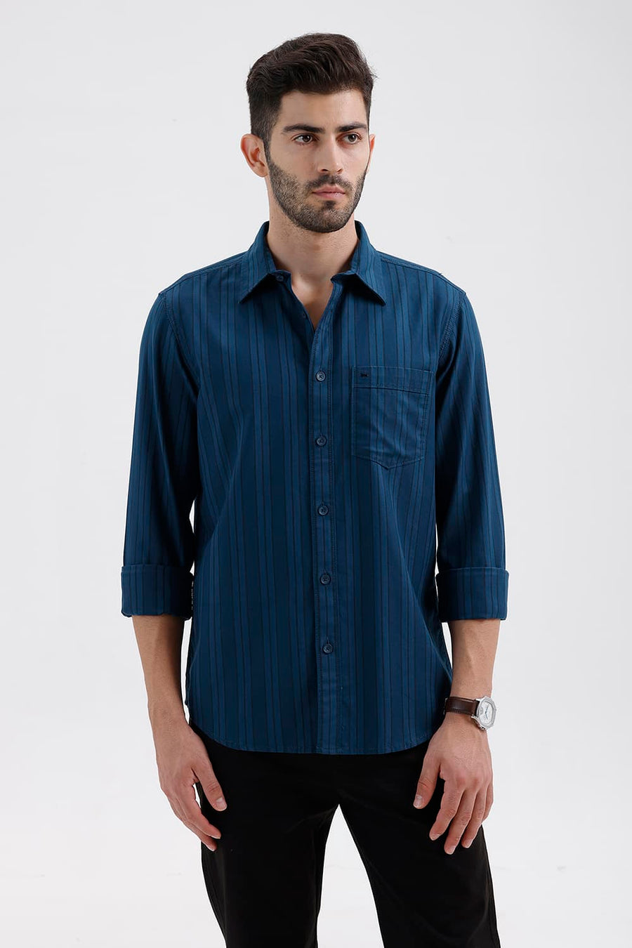BASICS SLIM FIT MOROCCAN BLUE COTTON HERRING BONE STRIPE SHIRT