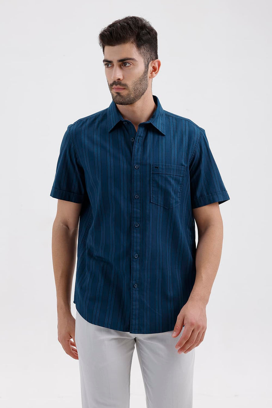 BASICS SLIM FIT MOROCCAN BLUE COTTON HERRING BONE STRIPE HALFSLEEVES SHIRT