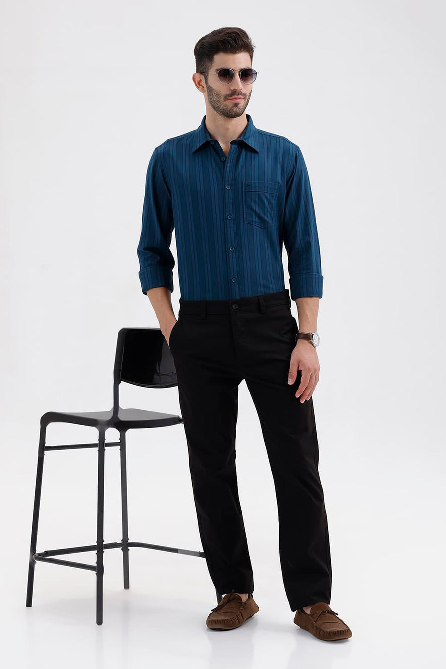 BASICS SLIM FIT MOROCCAN BLUE COTTON HERRING BONE STRIPE SHIRT