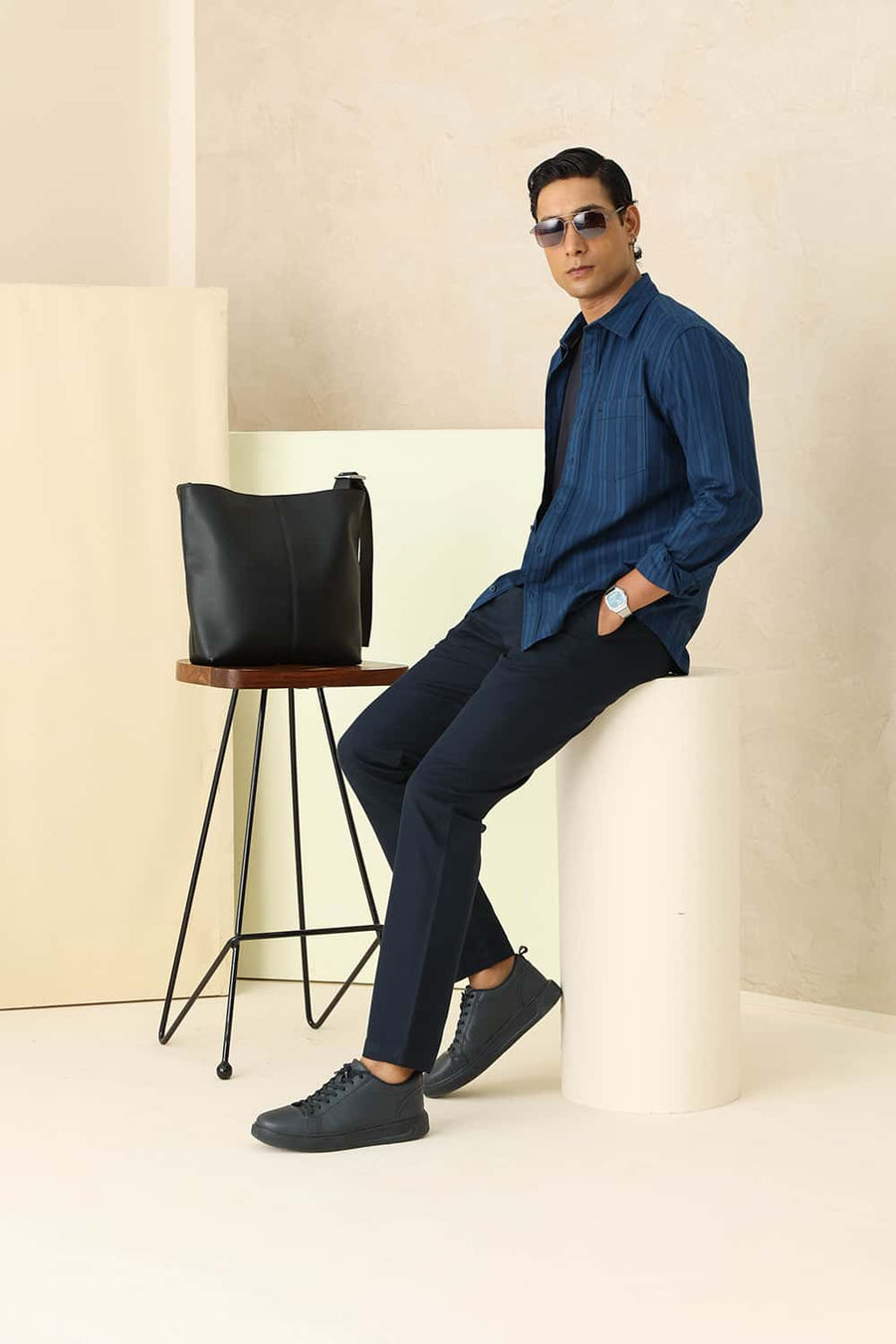 Basics Slim Fit Moroccan Blue Cotton Herring Bone Stripe Shirt