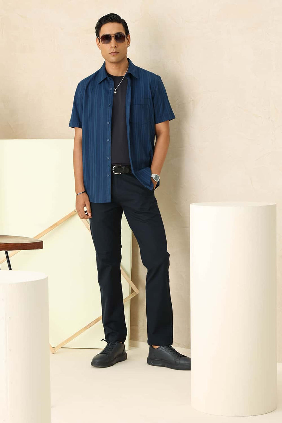 Basics Slim Fit Moroccan Blue Cotton Herring Bone Stripe Halfsleeves Shirt