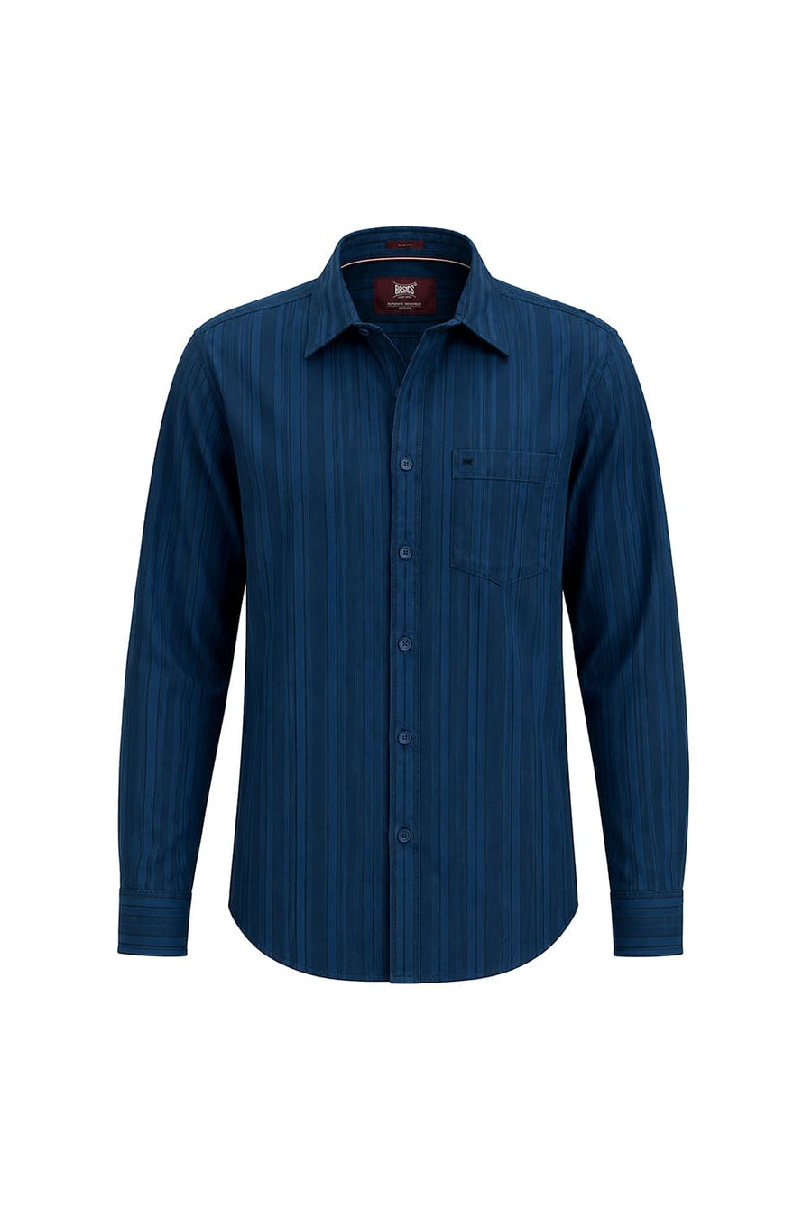 BASICS SLIM FIT MOROCCAN BLUE COTTON HERRING BONE STRIPE SHIRT