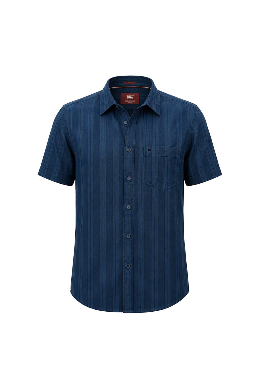 BASICS SLIM FIT MOROCCAN BLUE COTTON HERRING BONE STRIPE HALFSLEEVES SHIRT