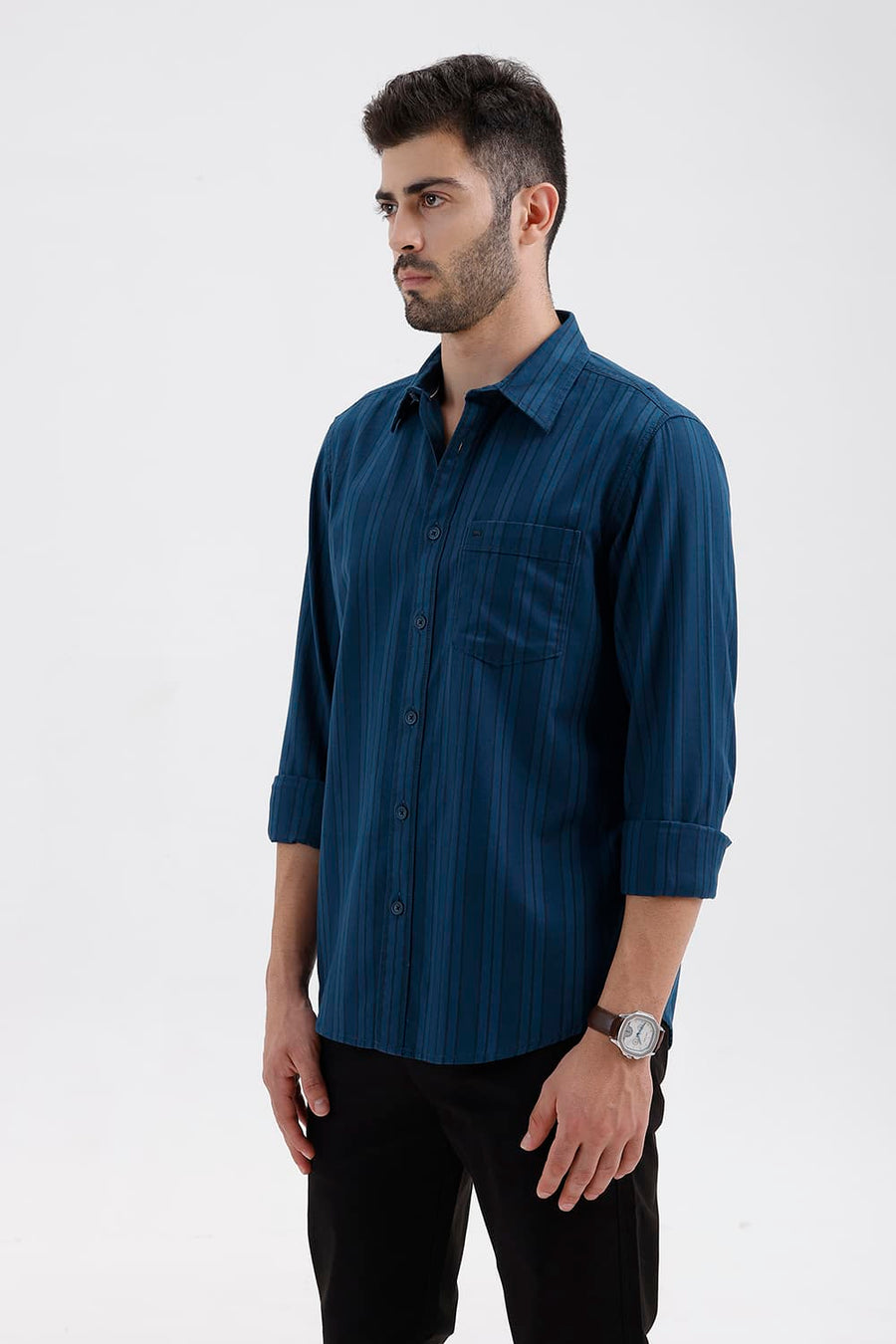 BASICS SLIM FIT MOROCCAN BLUE COTTON HERRING BONE STRIPE SHIRT