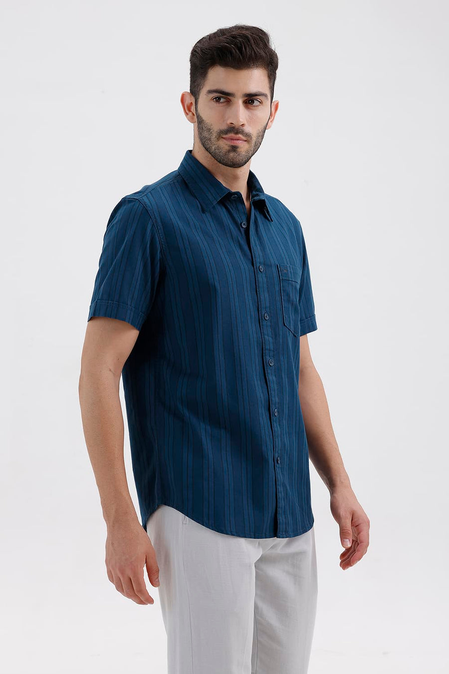 BASICS SLIM FIT MOROCCAN BLUE COTTON HERRING BONE STRIPE HALFSLEEVES SHIRT