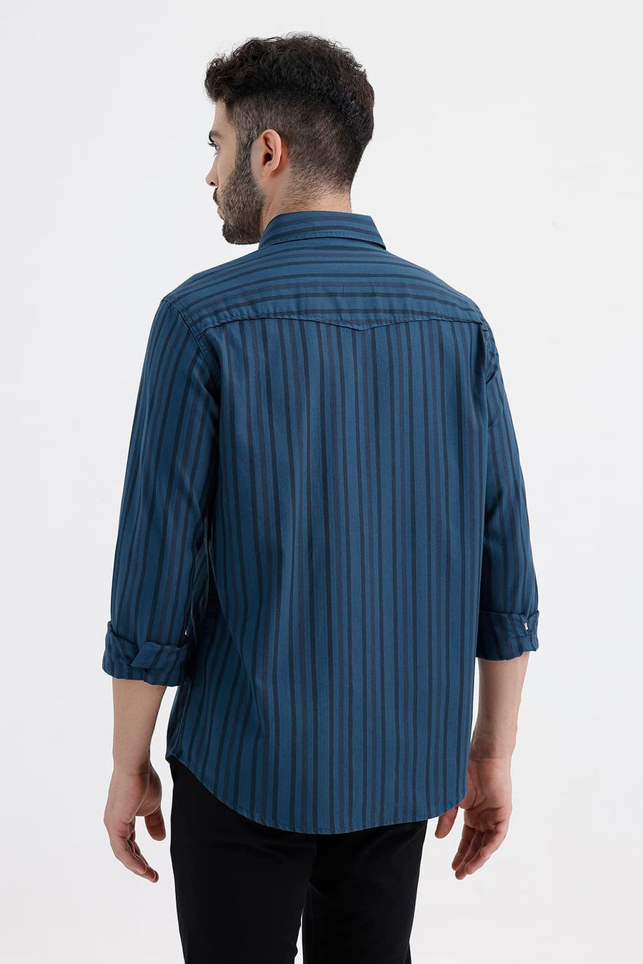 BASICS SLIM FIT LEGION NAVY COTTON HERRING BONE STRIPE SHIRT