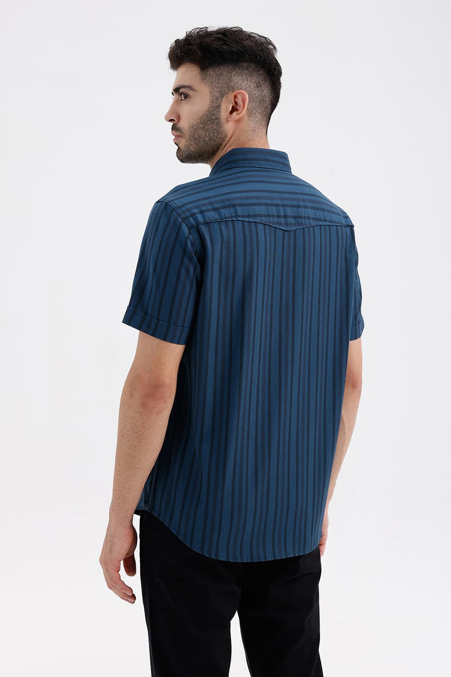 BASICS SLIM FIT LEGION NAVY COTTON HERRING BONE STRIPE HALFSLEEVES SHIRT