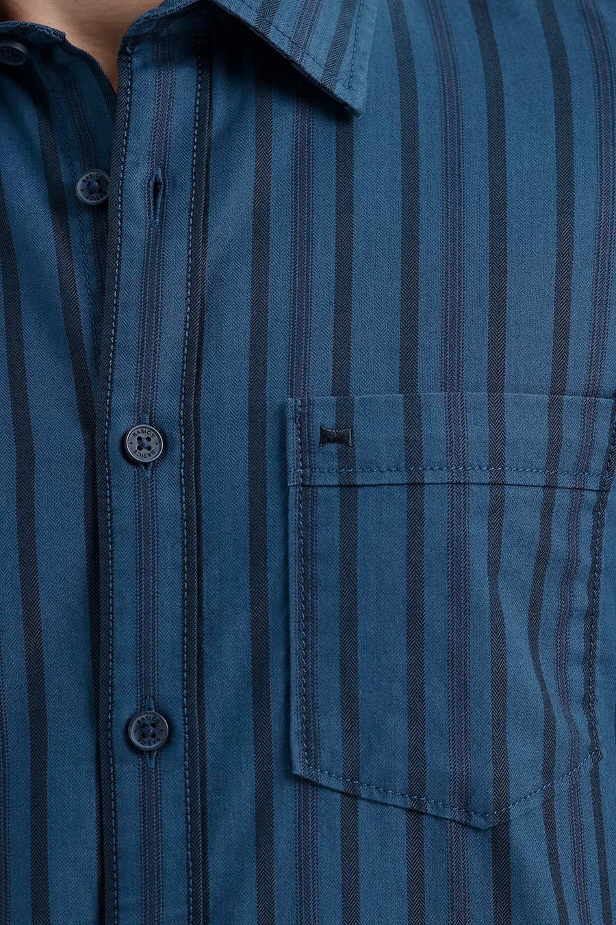 BASICS SLIM FIT LEGION NAVY COTTON HERRING BONE STRIPE SHIRT