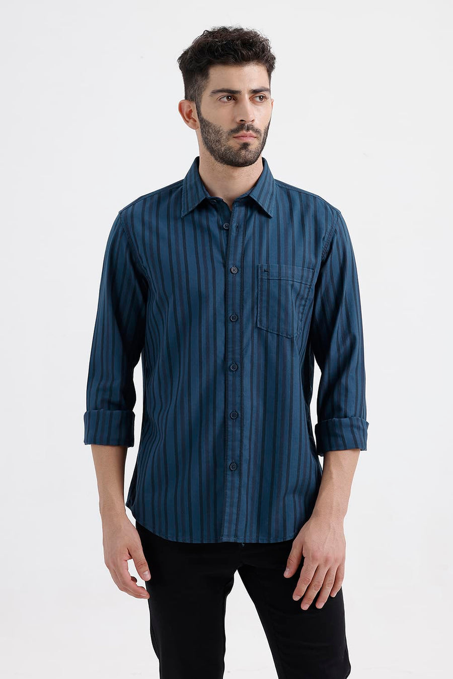 BASICS SLIM FIT LEGION NAVY COTTON HERRING BONE STRIPE SHIRT
