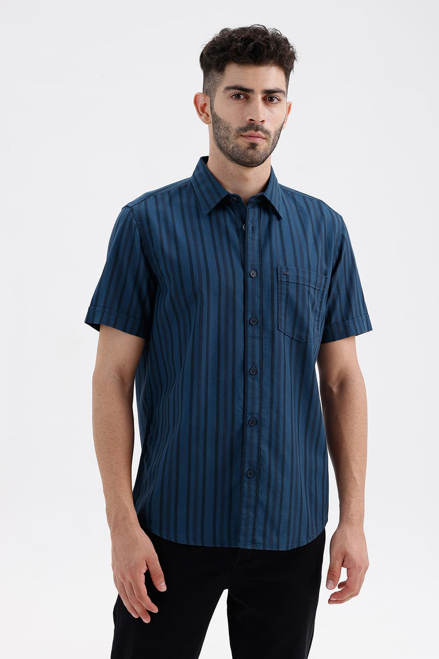 BASICS SLIM FIT LEGION NAVY COTTON HERRING BONE STRIPE HALFSLEEVES SHIRT