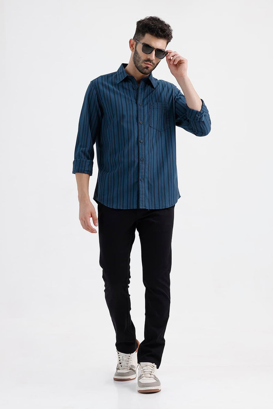 BASICS SLIM FIT LEGION NAVY COTTON HERRING BONE STRIPE SHIRT