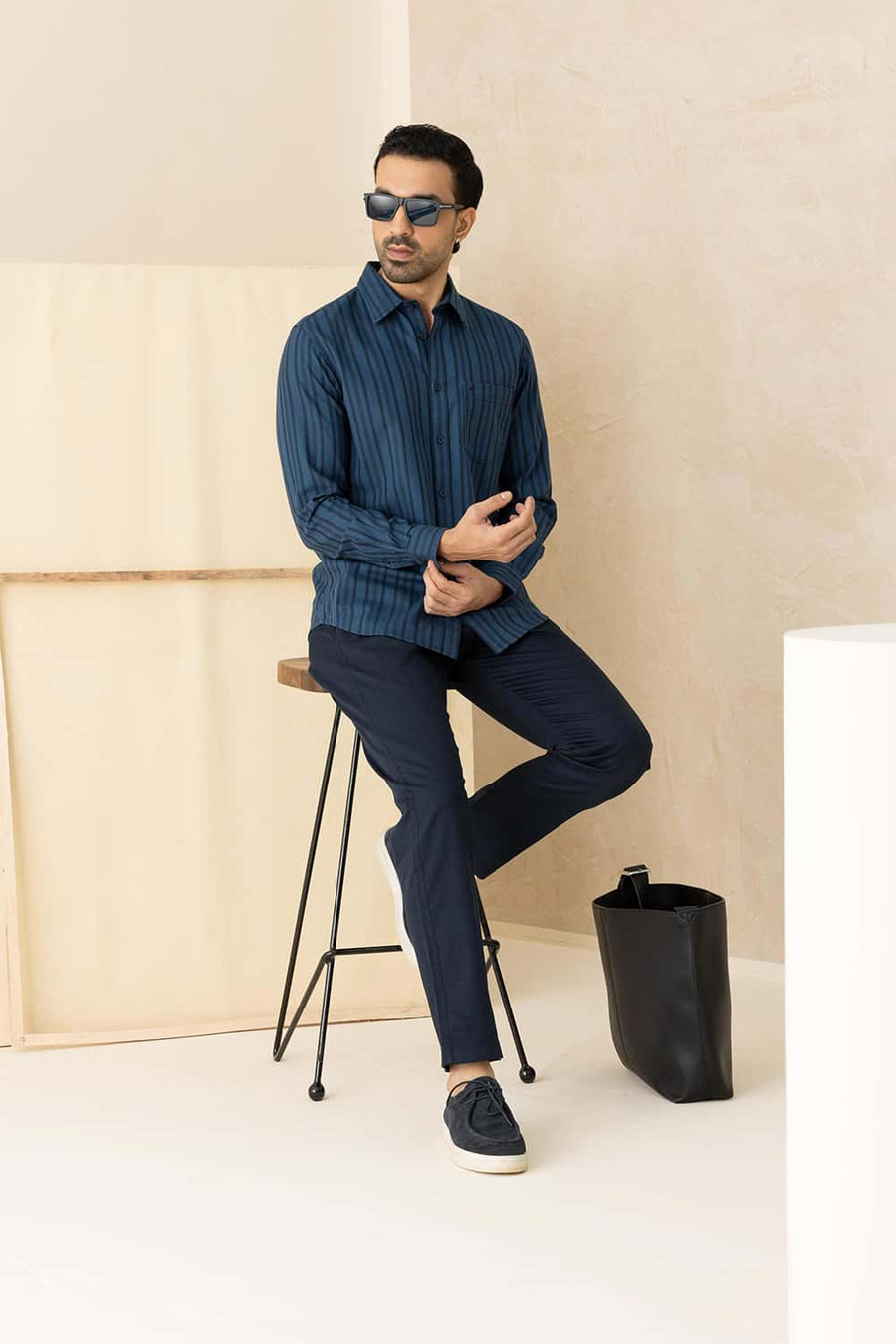 Basics Slim Fit Legion Navy Cotton Herring Bone Stripe Shirt
