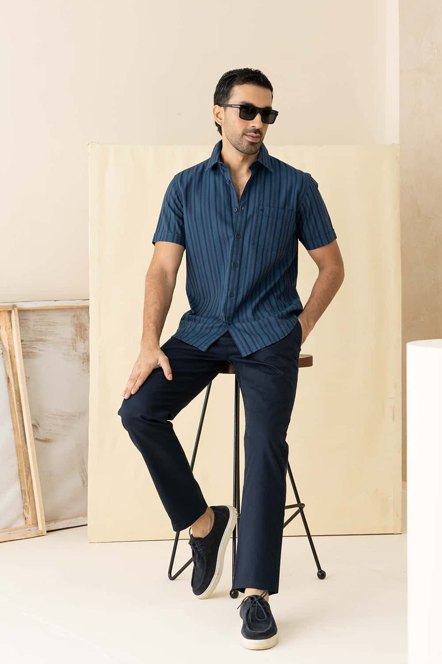 Basics Slim Fit Legion Navy Cotton Herring Bone Stripe Halfsleeves Shirt