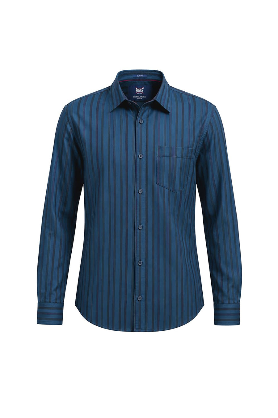 BASICS SLIM FIT LEGION NAVY COTTON HERRING BONE STRIPE SHIRT