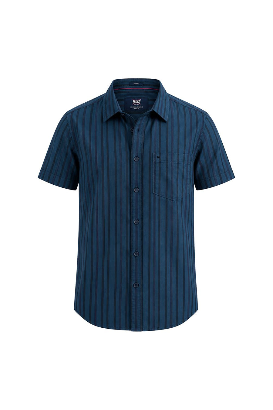 BASICS SLIM FIT LEGION NAVY COTTON HERRING BONE STRIPE HALFSLEEVES SHIRT