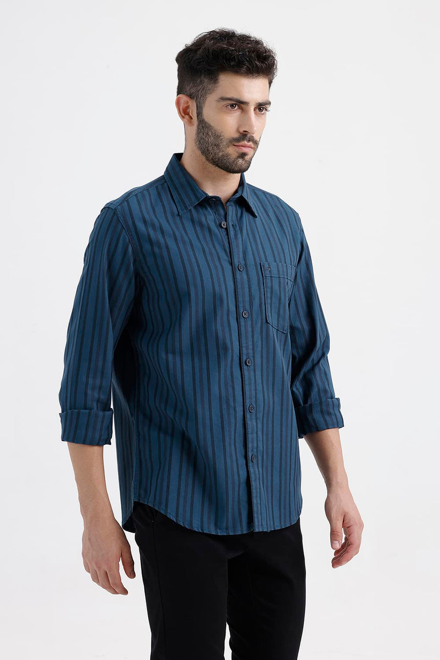 BASICS SLIM FIT LEGION NAVY COTTON HERRING BONE STRIPE SHIRT