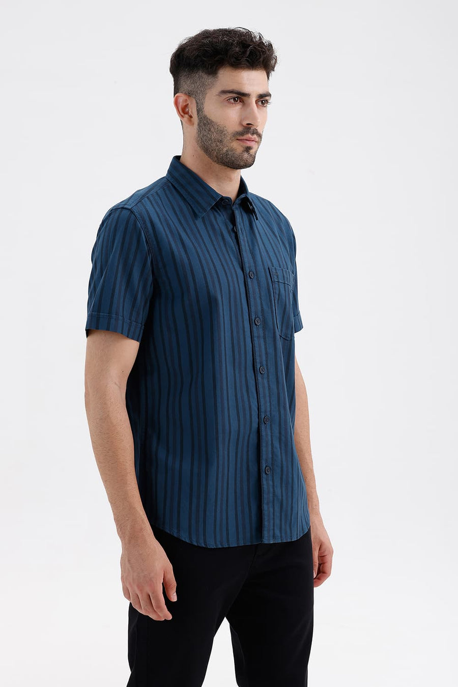 BASICS SLIM FIT LEGION NAVY COTTON HERRING BONE STRIPE HALFSLEEVES SHIRT