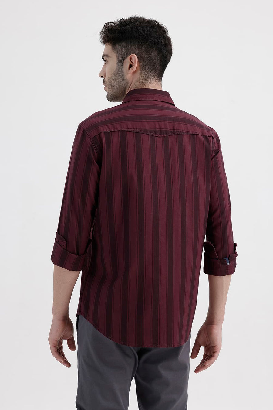 BASICS SLIM FIT CORDOVAN MAROON COTTON HERRING BONE STRIPE SHIRT