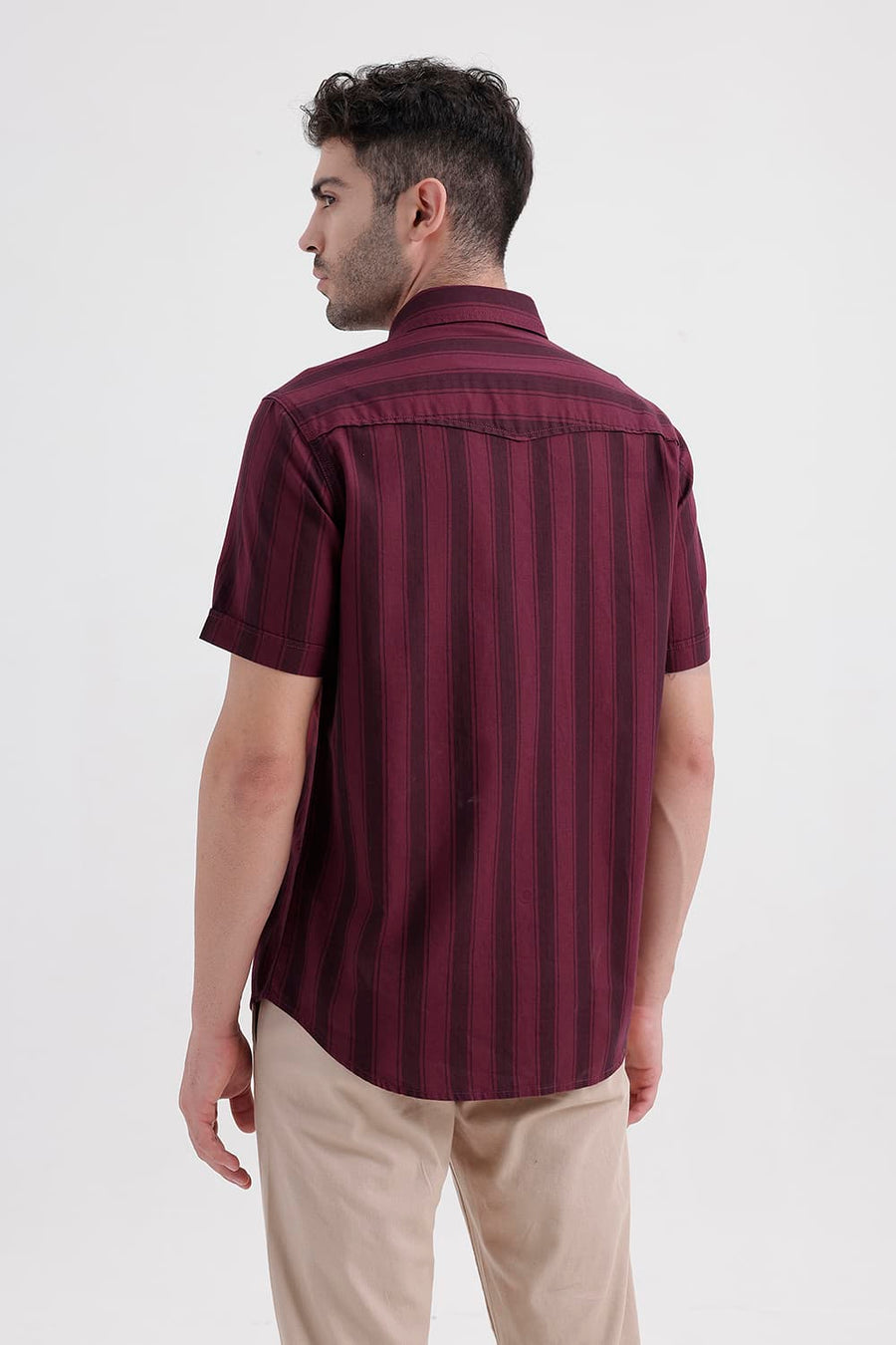 BASICS SLIM FIT CORDOVAN MAROON COTTON HERRING BONE STRIPE HALFSLEEVES SHIRT