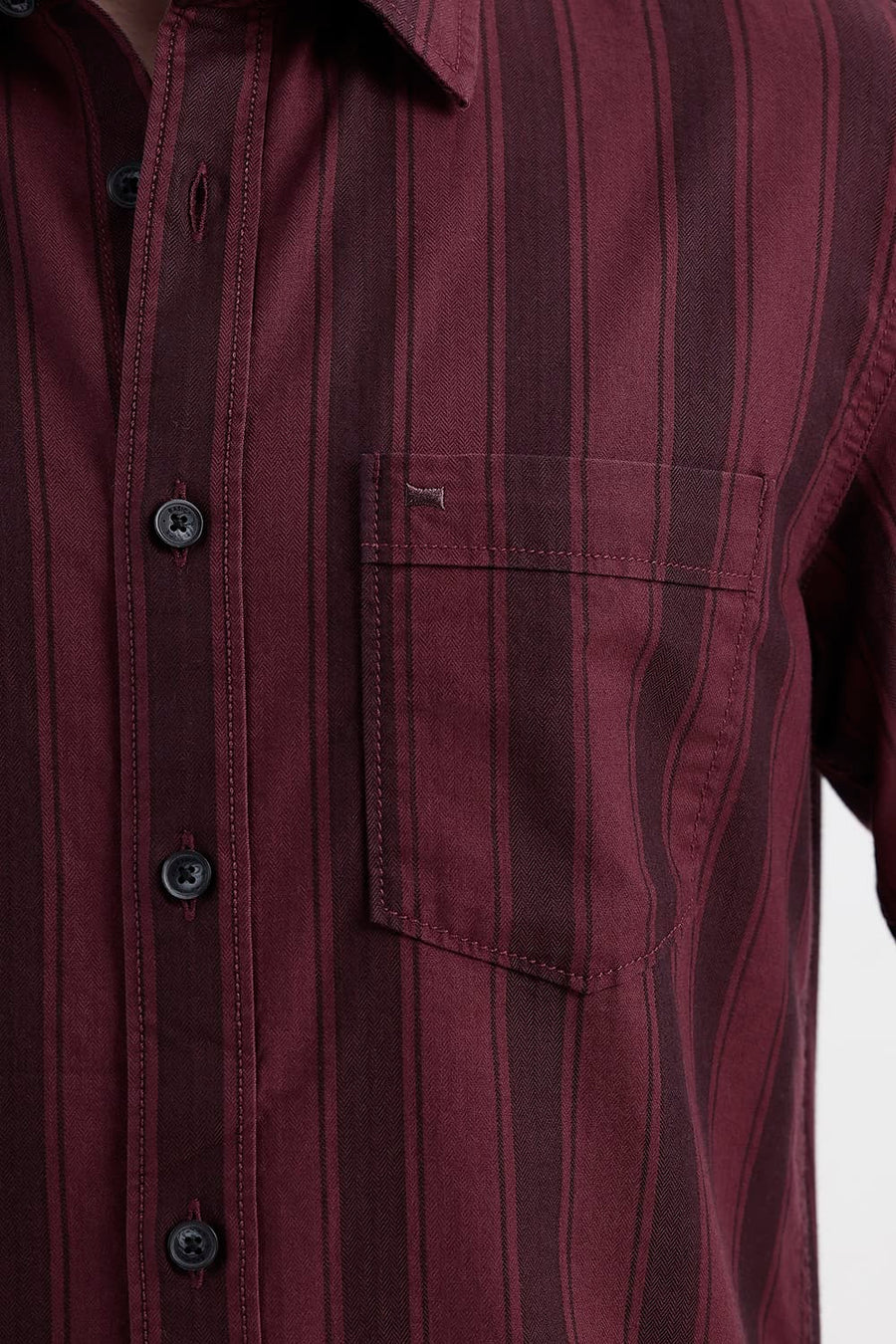 BASICS SLIM FIT CORDOVAN MAROON COTTON HERRING BONE STRIPE SHIRT