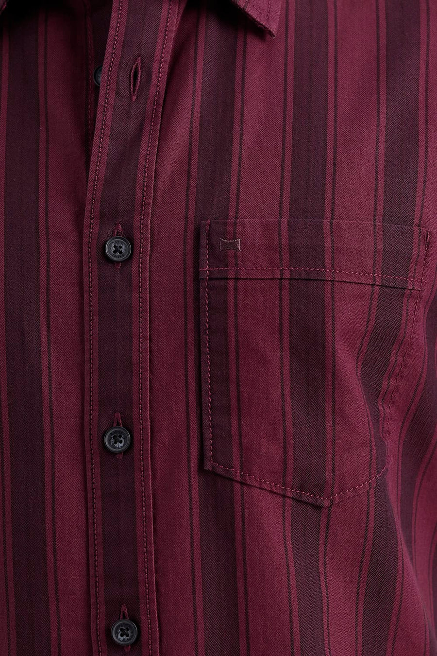 BASICS SLIM FIT CORDOVAN MAROON COTTON HERRING BONE STRIPE HALFSLEEVES SHIRT