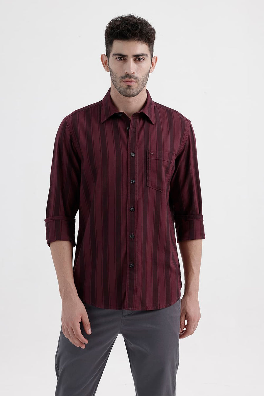 BASICS SLIM FIT CORDOVAN MAROON COTTON HERRING BONE STRIPE SHIRT