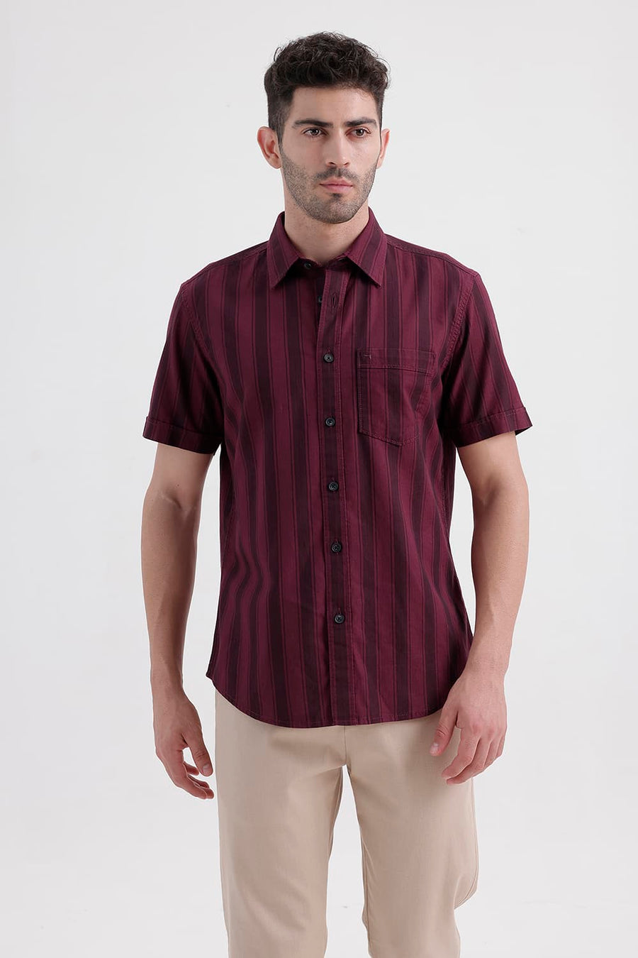 BASICS SLIM FIT CORDOVAN MAROON COTTON HERRING BONE STRIPE HALFSLEEVES SHIRT