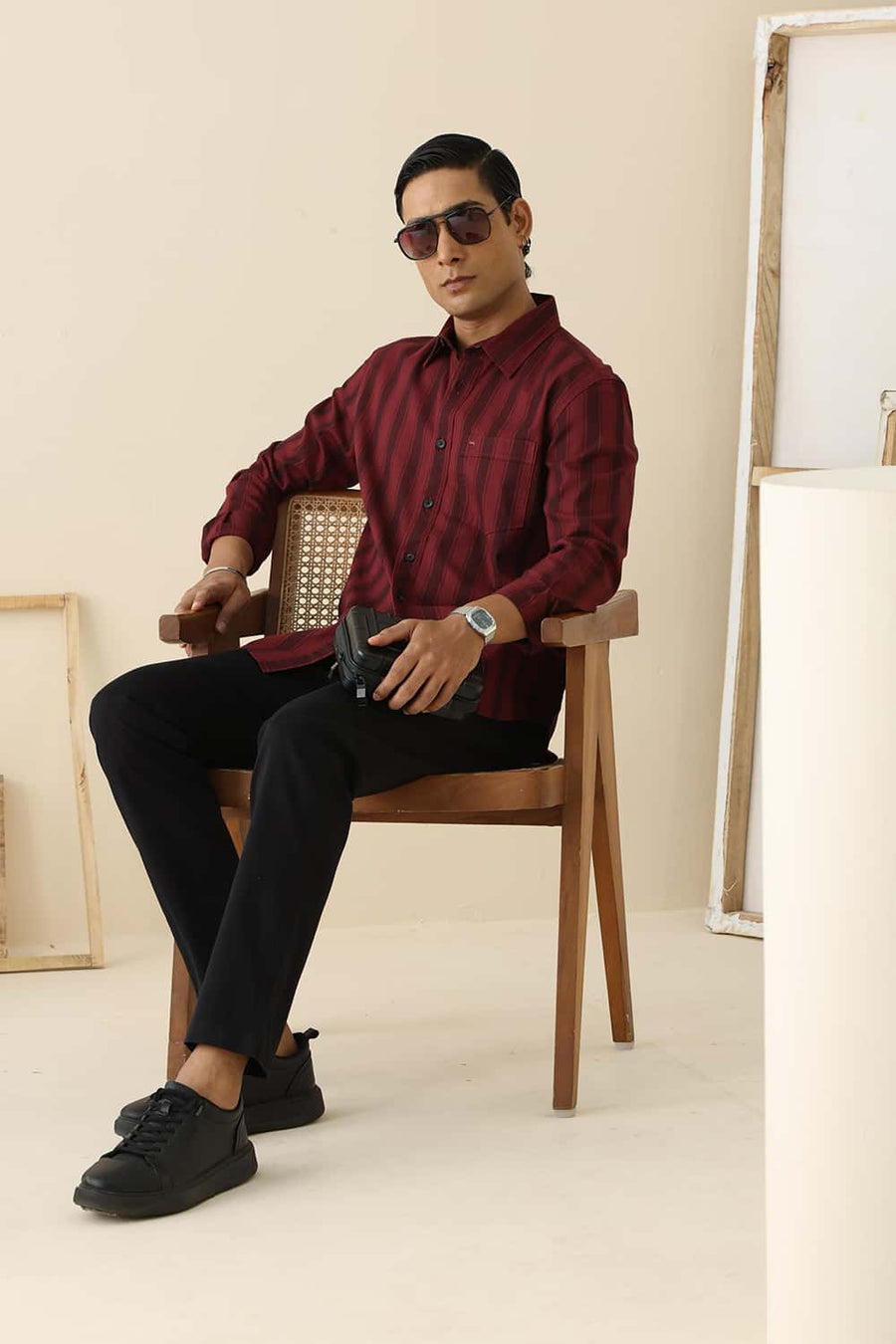 Basics Slim Fit Cordovan Maroon Cotton Herring Bone Stripe Shirt