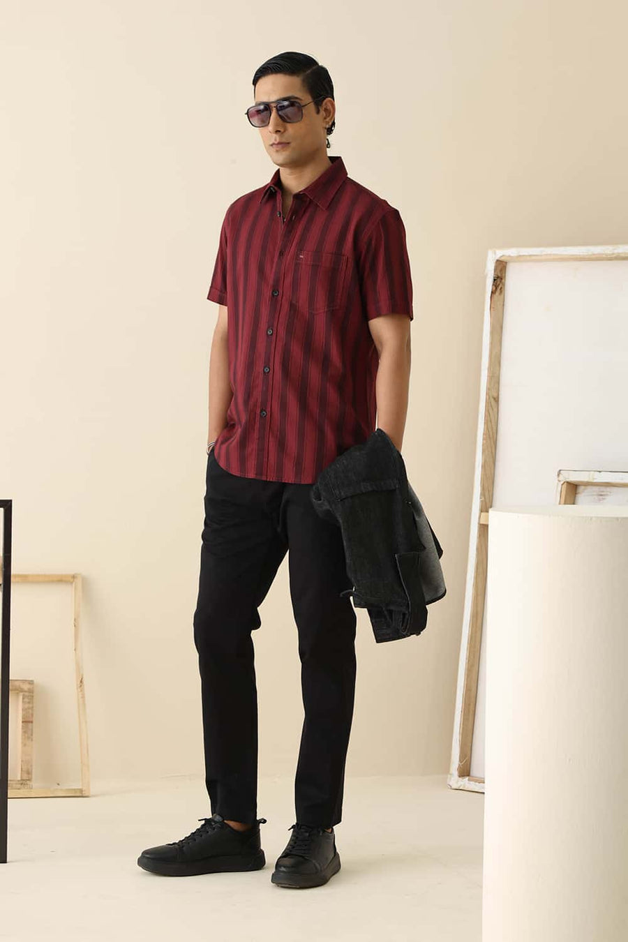 Basics Slim Fit Cordovan Maroon Cotton Herring Bone Stripe Halfsleeves Shirt