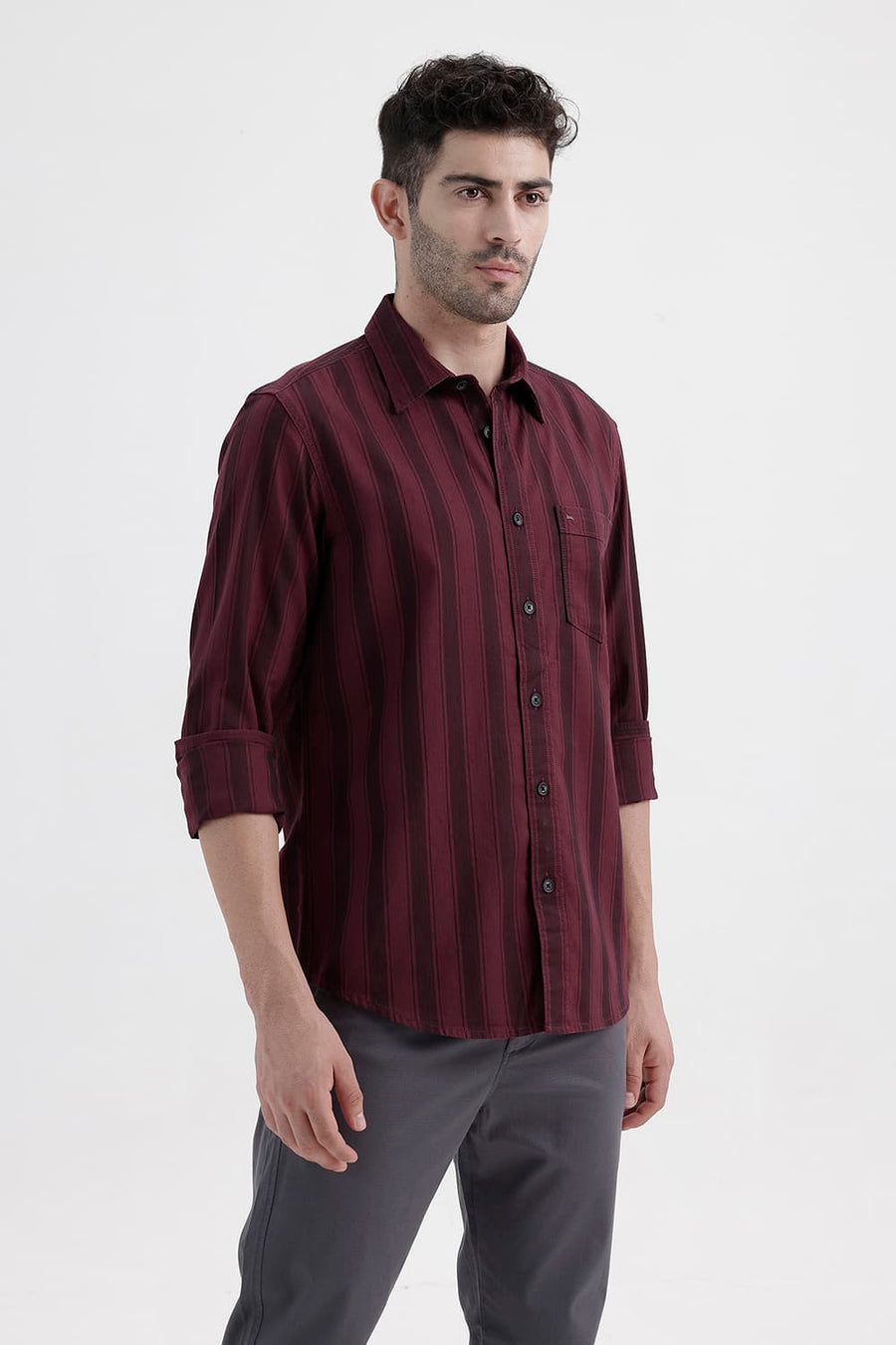 BASICS SLIM FIT CORDOVAN MAROON COTTON HERRING BONE STRIPE SHIRT