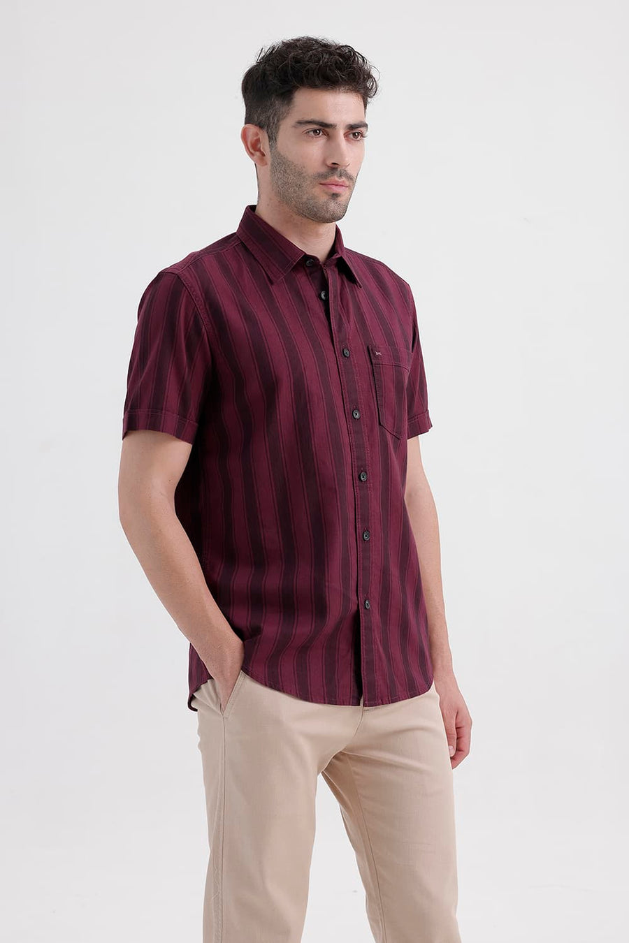 BASICS SLIM FIT CORDOVAN MAROON COTTON HERRING BONE STRIPE HALFSLEEVES SHIRT